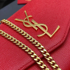 (Pre-Order) YSL Uptown Envelope Chain Wallet – Red Grain Leather (Replica)