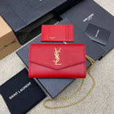 (Pre-Order) YSL Uptown Envelope Chain Wallet – Red Grain Leather (Replica)