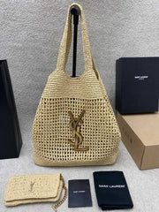 (Pre-Order) YSL Raffia Tote with Pouch – Beige & Gold Logo (Replica)