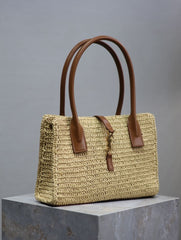 (Pre-Order) Saint Laurent Raffia Tote Bag with Brown Leather Handles (Replica)