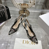 (Pre-Order) Christian Dior-Inspired Floral Embroidered Slingback Heels (Kitten Heel) (Replica)