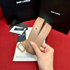(Pre-Order) Beige YSL Cassandre Thin Belt (Gold Buckle) (Replica)