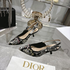 (Pre-Order) Christian Dior-Inspired Floral Embroidered Slingback Heels (Kitten Heel) (Replica)