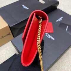 (Pre-Order) YSL Uptown Envelope Chain Wallet – Red Grain Leather (Replica)
