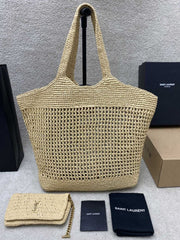 (Pre-Order) YSL Raffia Tote with Pouch – Beige & Gold Logo (Replica)