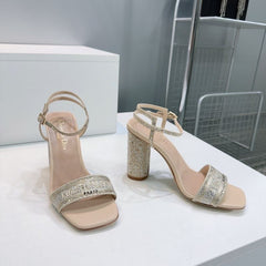 (Pre-Order) Christian Dior-Inspired Rhinestone Block Heel Sandals (Replica)
