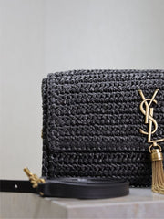 (Pre-Order) YSL Kate Raffia Chain Bag – Black (26CM) (Replica)