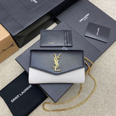 (Pre-Order) YSL Envelope Chain Wallet – Black & Beige Two-Tone (Replica)