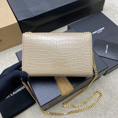 (Pre-Order) YSL Kate Crocodile-Embossed Chain Bag – Beige with Gold Tassel (20CM) (Replica)