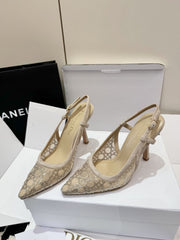 (Pre-Order) Christian Dior-Inspired Rhinestone Mesh Slingback Heels (Replica)