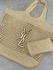 (Pre-Order) YSL Raffia Tote with Pouch – Beige & Gold Logo (Replica)