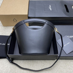 (Pre-Order) YSL Leather Bucket Bag with Gold Logo (Black) (Replica)