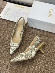 (Pre-Order) Christian Dior-Inspired Embroidered Slingback Heels – White & Gold (Kitten Heel) (Replica)