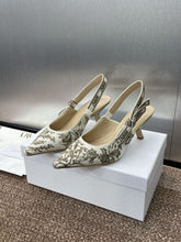 (Pre-Order) Christian Dior-Inspired Embroidered Slingback Heels – White & Gold (Kitten Heel) (Replica)