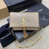 (Pre-Order) YSL Kate Crocodile-Embossed Chain Bag – Beige with Gold Tassel (20CM) (Replica)