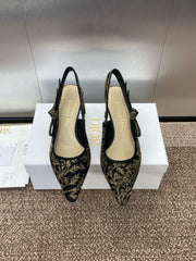 (Pre-Order) Christian Dior-Inspired Embroidered Slingback Heels – Black & Gold (Kitten Heel) (Replica)