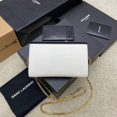 (Pre-Order) YSL Envelope Chain Wallet – Black & Beige Two-Tone (Replica)