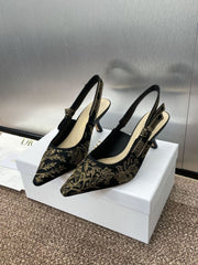 (Pre-Order) Christian Dior-Inspired Embroidered Slingback Heels – Black & Gold (Kitten Heel) (Replica)