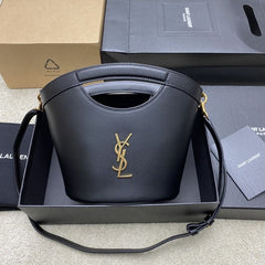 (Pre-Order) YSL Leather Bucket Bag with Gold Logo (Black) (Replica)