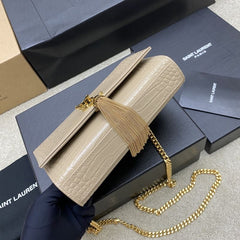 (Pre-Order) YSL Kate Crocodile-Embossed Chain Bag – Beige with Gold Tassel (20CM) (Replica)