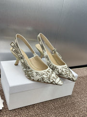 (Pre-Order) Christian Dior-Inspired Embroidered Slingback Heels – White & Gold (Kitten Heel) (Replica)