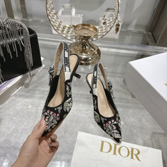 (Pre-Order) Christian Dior-Inspired Floral Embroidered Slingback Heels (Kitten Heel) (Replica)