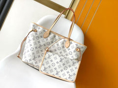 (Pre-Order) Louis Vuitton Neverfull – White Monogram Jacquard with Natural Leather Trim (Replica)