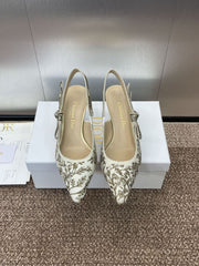 (Pre-Order) Christian Dior-Inspired Embroidered Slingback Heels – White & Gold (Kitten Heel) (Replica)