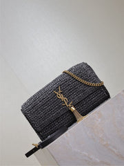 (Pre-Order) YSL Kate Raffia Chain Bag – Black (26CM) (Replica)