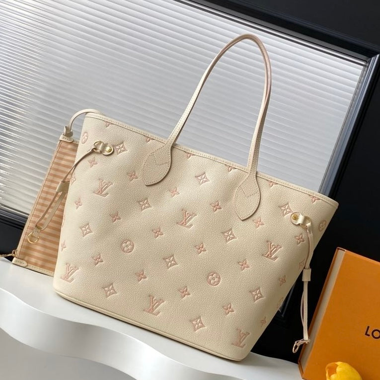 (Pre-Order) Louis Vuitton Neverfull MM – Empreinte Leather (Cream with Pink Monogram)(Replica)