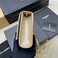 (Pre-Order) YSL Kate Crocodile-Embossed Chain Bag – Beige with Gold Tassel (20CM) (Replica)