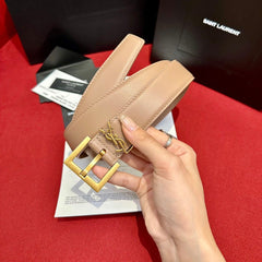 (Pre-Order) Beige YSL Cassandre Thin Belt (Gold Buckle) (Replica)