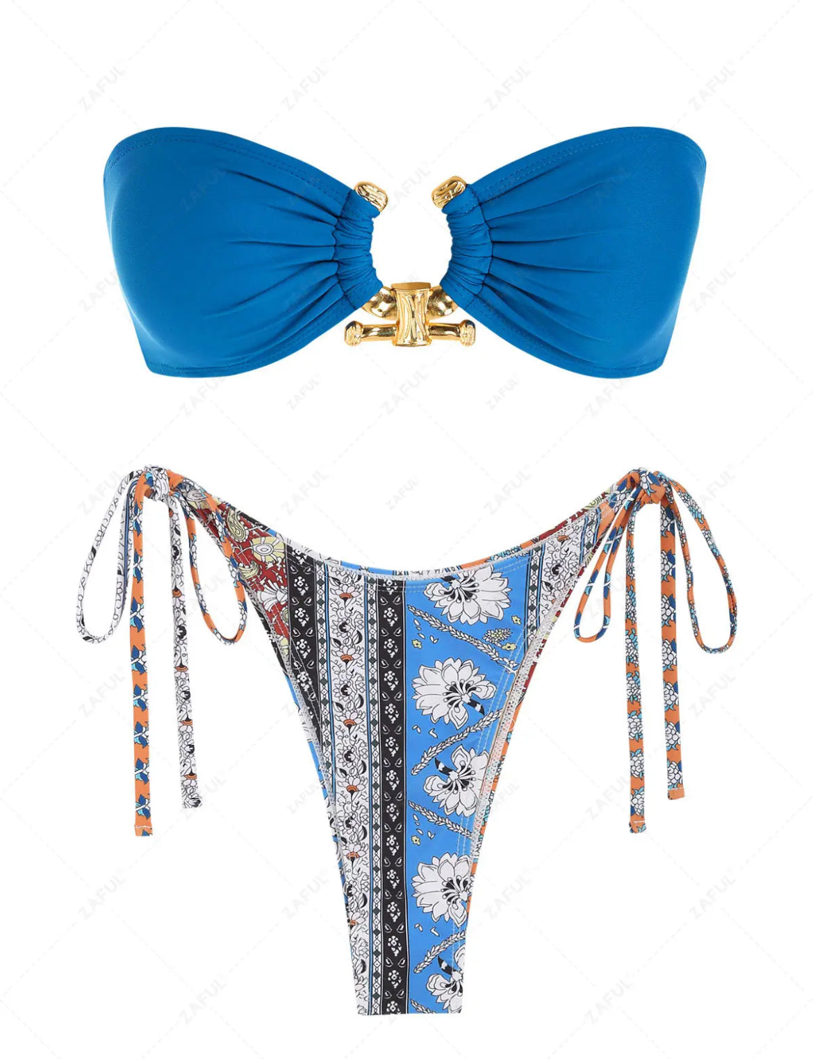 (Instock Now) Tie Side Metal Hardware Ethnic Style Printed Bandeau
Bikini Swimwear