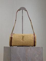 (Pre-Order) YSL Crochet Barrel Shoulder Bag – Beige & Brown (Replica)