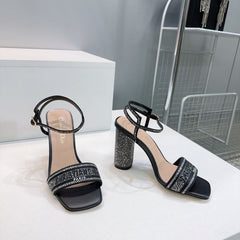 (Pre-Order) Christian Dior-Inspired Rhinestone Block Heel Sandals (Replica)