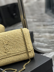 (Pre-Order) YSL Kate Beige Raffia Woven Chain Bag Wil Leather Trim (Replica)