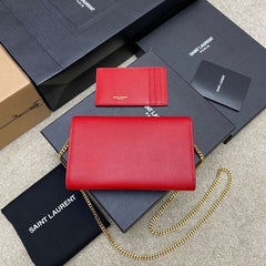 (Pre-Order) YSL Uptown Envelope Chain Wallet – Red Grain Leather (Replica)