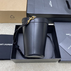 (Pre-Order) YSL Leather Bucket Bag with Gold Logo (Black) (Replica)