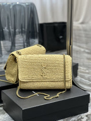 (Pre-Order) YSL Kate Beige Raffia Woven Chain Bag Wil Leather Trim (Replica)