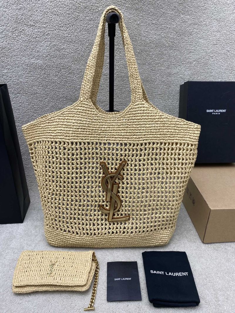 (Pre-Order) YSL Raffia Tote with Pouch – Beige & Gold Logo (Replica)