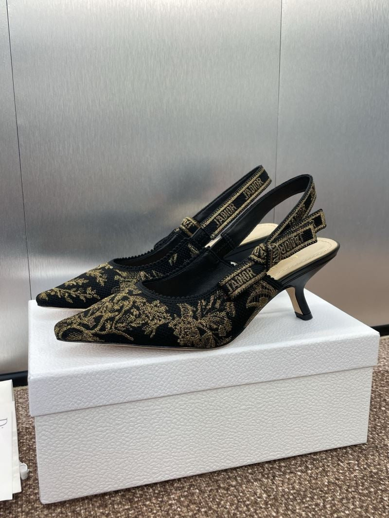 (Pre-Order) Christian Dior-Inspired Embroidered Slingback Heels – Black & Gold (Kitten Heel) (Replica)