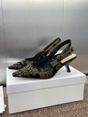 (Pre-Order) Christian Dior-Inspired Embroidered Slingback Heels – Black & Gold (Kitten Heel) (Replica)