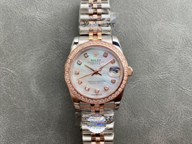 (Pre-Order) Rolex Datejust 31mm – Rose Gold & Silver with Mother of Pearl Diamond Dial (Replica)