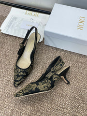 (Pre-Order) Christian Dior-Inspired Embroidered Slingback Heels – Black & Gold (Kitten Heel) (Replica)