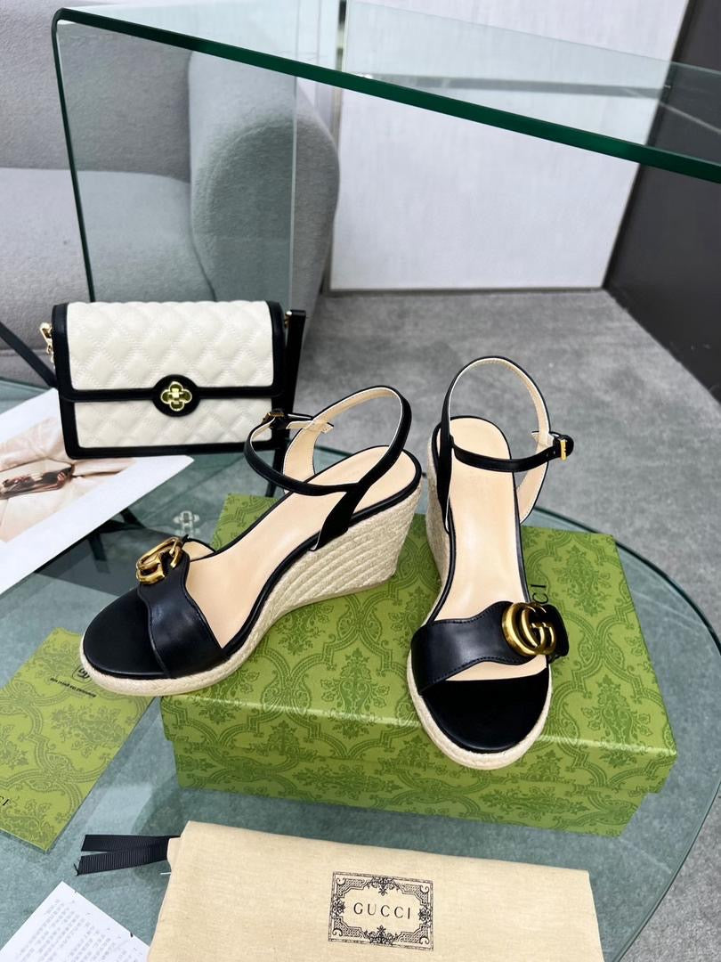 (Pre-Order) Black Gucci GG Wedge Sandals (Replica)