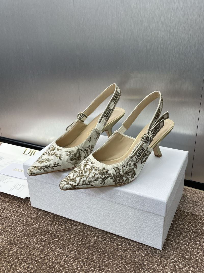 (Pre-Order) Christian Dior-Inspired Embroidered Slingback Heels – White & Gold (Kitten Heel) (Replica)