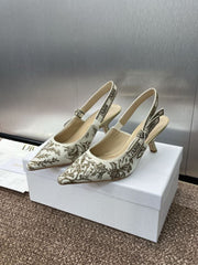 (Pre-Order) Christian Dior-Inspired Embroidered Slingback Heels – White & Gold (Kitten Heel) (Replica)