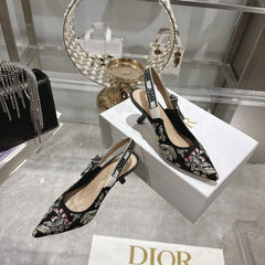 (Pre-Order) Christian Dior-Inspired Floral Embroidered Slingback Heels (Kitten Heel) (Replica)