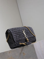 (Pre-Order) YSL Kate Raffia Chain Bag – Black (26CM) (Replica)