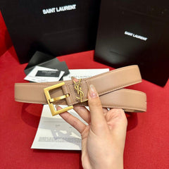 (Pre-Order) Beige YSL Cassandre Thin Belt (Gold Buckle) (Replica)